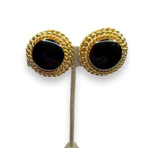 Vintage St John Gold Tone  Black Enamel Clip On Earrings 1980s